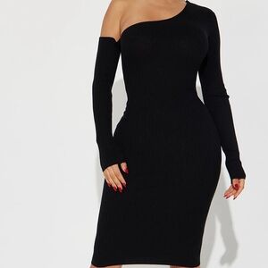 Fashion Nova Black One-Shoulder Midi Bodycon Dress